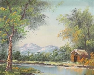 9	Signed Sun Oil on Canvas House in Landscape	Oil on canvas laid down on board, house in mountain lake landscape. Signed lower right Sun. 7 3/8" x 9 1/4" (with frame 15 1/4" x 17 1/4"). Chips and losses to frame.

