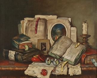 10	Czene Janos Apatfalvi Oil on Canvas Still Life	Czene Janos Apatfalvi (Hungary, 1904-1984). Oil on canvas, still life with books. Signed lower left and signed on stretcher on verso. 19 1/2" x 23 1/2" (with frame 22 3/4" x 27"). Scratches upper center.
