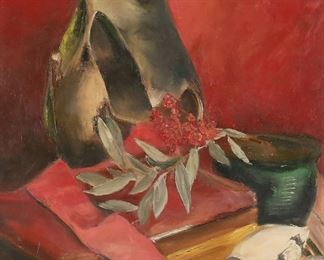 11	Nathan Lissak Oil on Canvas Still Life	Nathan Lissak (20th century). Oil on canvas, still life. Signed on verso N. Lissak. 19 1/2" x 15 1/2" (with frame 24 3/4" x 20 3/4"). Chips to frame.
