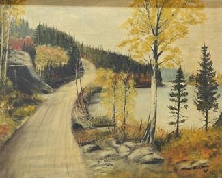 13	CW Oil on Board Autumn Lake Landscape	Oil on board, lake landscape with road. Signed with artist's monogram CW or WC and dated 1953 lower right. 13 1/2" x 17 3/4" (with frame 17 3/4" x 21 3/4"). Horizontal scratch from right side, paint loss along left side and into trees center left, losses to frame.
