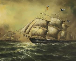 14	Ben Richmond Oil on Canvas Clipper Ship	Oil on canvas, seascape with clipper ships. Signed lower right. 23 1/2" x 47 1/2" (with frame 56 1/2" x 32 1/4"). Minor paint loss upper right.
