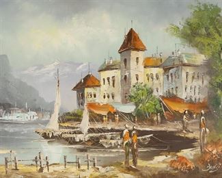 15	Signed Benson Oil on Canvas Harbor Scene	Oil on canvas, coastal harbor landscape. Signed lower right Benson. 23 1/2" x 35 1/4" (with frame 32 1/4" x 44 1/4"). Minor chips to frame.
