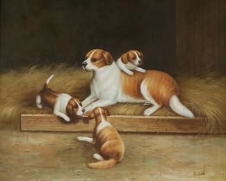 16	Signed Z. Sam Oil on Canvas Dogs	Oil on canvas, dogs in barn. Signed lower right Z. Sam. 19 3/4" x 23 1/2" (with frame 27 1/2" x 31 3/4"). Stains and drip marks throughout.

