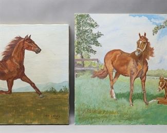 17	2 Oil Paintings of Horses Graham & Landry	2 piece art lot, horses. Oil on canvas panel, two horses, signed Elsie Graham and dated 1967 lower left, 18" x 24"; oil on canvas, two horses, signed and dated Sam Landry 74 lower right, 16" x 20". Both unframed.
