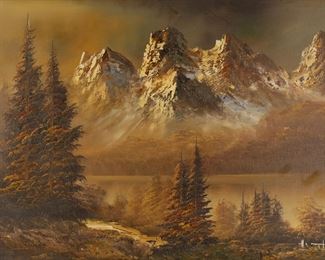 20	Signed H. Thomas Oil on Canvas Mountain Landscape	Oil on canvas, mountain lake landscape. Signed lower right H. Thomas. 23 3/4" x 35 1/2" (with frame 25 1/8" x 37 1/8"). Chips to frame.
