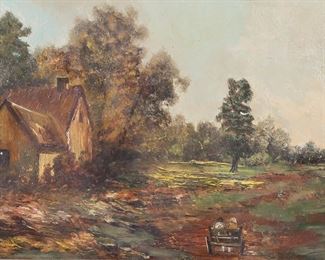 21	Oil on Wood Panel House in Landscape	Oil on wood panel, house and people in cart in landscape. Unsigned. 6 1/4" x 8 3/4" (with frame 12 3/4" x 15 1/4"). Chip to upper right corner of frame.
