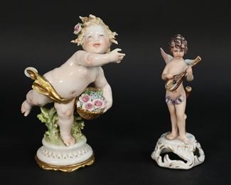 24	2 Capodimonte Porcelain Cherub Figurines	2 Capodimonte Italian porcelain cherub figurines. Signed G. (Giuseppe) Cappe cherub with flowers, 5 3/4"H; signed D. (Dino) Bonalberti cherub with mandolin, 5 1/4"H. Both with crown over N marks on the underside. Chips to hair on Bonalberti figurine, chips to hair, flowers in hair and fabric on Cappe figurine.
