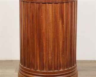 44	Neoclassical Style Carved Sculpture Pedestal	"Neoclassical style carved sculpture pedestal. 21st century. Wooden pedestal in fluted column form. As is, with heavy wear, staining, scratches and marks on wood throughout top of pedestal. Nicks and scratches to wood throughout fluted edges of pedestal. Wear and scratches to molding throughout base. Large split and crack to wood on base. 

29 1/2"" H x 14"" diameter of top. 22 lbs."
