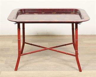 54	Hollywood Regency Metal Bamboo Butler's Table	"Hollywood Regency bamboo form metal butler's tray top table. Italian, 20th century. Red metal base in bamboo form topped with wooden tray decorated with butterfly motifs. ""MADE IN ITALY"" sticker on underside of tray. Scuffs and wear to metal of table base. Scratches, scuffs, and wear to wood throughout tray. 

32 1/2"" W x 22 1/8"" D x 20 1/4"" H. 10 lbs."

