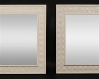 60	Pair of Hollywood Regency White Caned Mirrors	"Two Hollywood Regency style white caned mirrors. 20th century. Scuffs and marks to frames on both mirrors. Small desilvering spot to one mirror. Heavy staining and desilvering on surface of one mirror. 

29"" x 26"". 16 lbs each."
