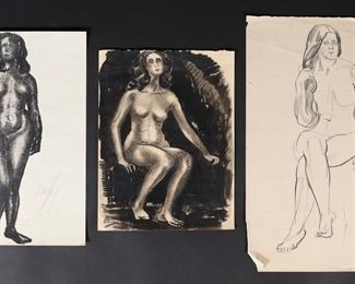 63	3 Hayley Lever Mixed Media Nudes	Richard Hayley Lever (Australian / American, 1876-195). 3 charcoal, graphite and ink & wash nudes on paper. 2 artist initialed HL, one signed Hayley Lever. All unframed. Largest 16 3/4" x 11". All with minor tears and creases, largest with 5" vertical tear from bottom.
