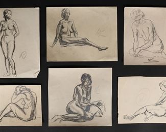 64	6 Hayley Lever Drawings Nudes	Richard Hayley Lever (Australian / American, 1876-1958). 6 graphite and charcoal drawings on paper, nudes. Each artist initialed HL in pencil. 2 on miscellaneous letterhead, 2 on cut pieces from larger drawings. All unframed. Largest 10 7/8" x 8 1/2". All with minor tears and creases.
