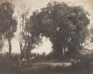 65	After Jean-Baptiste-Camille Corot Lithograph	After Jean-Baptiste-Camille Corot (France, 1796-1875). Lithograph, Morning The Dance of the Nymphs. 9 1/4" x 12 3/4" (with frame 21 3/8" x 24 1/4"). Print loose in frame, edges of sheet cut down, scraps of paper and parts of mat loose under glass, scratches and chips to frame.
