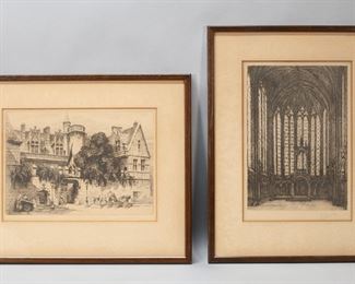 66	2 Pencil Signed French Etchings	2 French etchings. Each pencil signed illegibly. Sainte Chapelle, 12" x 8 1/4" (with frame 17 3/4" x 13 1/2"); street scene, 8 1/2" x 11 5/8" (with frame 14 1/4" x 16 7/8"). Mat burn and discoloration to margins of both.

