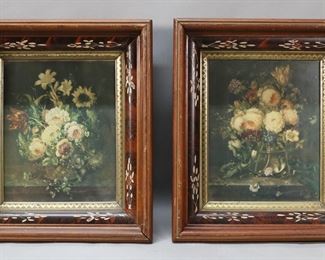 67	Pair Joseph Burger Lithographs in Victorian Frames	Pair of Joseph Burger lithographs, still lifes with flowers. Both signed in the plate lower center. In Eastlake style Victorian frames. 9 3/4" x 7 3/4" (with frames 14 5/8" x 12 3/4"). Some paint loss in carvings of frames, minor chips and losses to frames.
