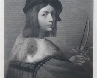 68	After Raphael Engraving The Violin Player	After Raphael (Italian, 1483-1520), engraved by Pollet (French, 19th century). Engraving, after an oil portrait of a violin player often referred to simply as 'The Violin Player' attributed to Raphael. Measures 11 7/8" x 10" (with frame 18 11/16" x 15 5/8"). Discoloration to glass and chipping on the finish of the frame.
