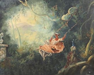 69	After Fragonard Oil on Canvas The Swing	After Jean-Honore Fragonard (France, 1732-1806). Oil on canvas, after Fragonard's The Swing. Signed illegibly lower right. 15 1/2" x 19 1/2" (with frame 22 1/2" x 26 1/2"). Crazing throughout, paint loss to edges, chips and losses to frame.
