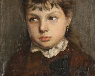 70	L. Horowitz Oil on Canvas Portrait of a Girl	L. Horowitz (1839-1917). 19th century oil on canvas, portrait of a girl. Signed and dated upper right Horowitz 89. 17" x 11 1/2" (with frame 25 1/2" x 20 1/2"). Inpainting to face and to hair at left of face, paint loss to edge; chips and losses to frame.
