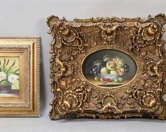 71	4 Piece Art Lot Still Lifes & Landscape	4 piece art lot. 3 oil on board still lifes, all unsigned. Still life with red and blue flowers 4 1/2" x 3" (with frame 8 1/2" x 7")' with white flowers 4 1/2" x 3" (with frame 9 3/8" x 7 7/8"), with fruit 4 1/4" x 6 1/4" (with frame 12" x 13 1/4"); oil on board landscape, unsigned, 3 1/8" x 4 5/8" (with frame 8" x 9 1/2"). Minor losses to frames of two smaller still lifes.
