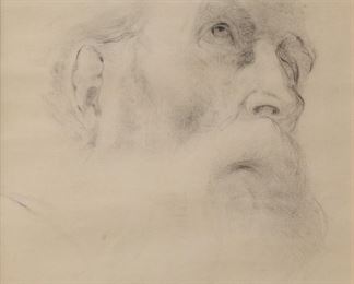 72	Charcoal on Paper Portrait of a Man	Charcoal on paper, portrait of a man. Unsigned. 13" x 10 1/4" (with frame 20 3/4" x 16 3/4"). Stain to paper below ear, losses to gilt decoration on frame.
