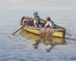 73	Ambrosio Gatti Oil on Masonite People in Rowboat	Ambrosio Gatti oil on masonite, people in rowboat, A La Pesca. Signed lower right A. Gatti, and titled with info on verso. 11 1/2" x 15 1/2" (with frame 18 5/8" x 23"). Losses to gilt frame.
