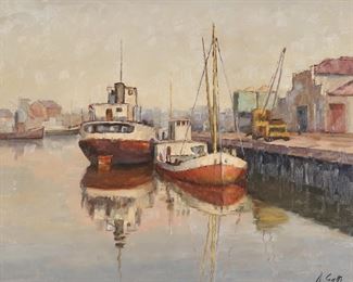 74	Ambrosio Gatti Oil on Masonite Harbor Scene	Ambrosio Gatti oil on masonite harbor scene, Muelle En La Boca. Signed lower right A. Gatti. 19 1/2" x 23 1/4" (with frame 27 1/2" x 31").
