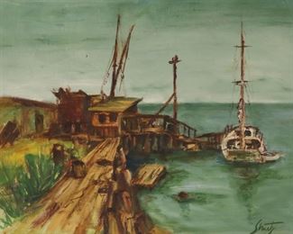 76	Signed Shurtz Oil on Board Boat at Dock	Oil on board, boat at dock. Signed lower right Shurtz. 17" x 23 1/2" (with frame 21 7/8" x 28 1/4"). Chips to frame.
