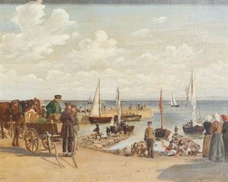 75	Wilhelm Pacht Oil on Canvas Coastal Scene	Wilhelm (Vilhelm) Pacht (Danish, 1843-1912). Oil on canvas, people in coastal landscape scene. Signed lower right. 11 1/4" x 16 1/2" (with frame 17" x 22 1/8"). Relined, losses to gilt decoration on frame.
