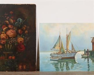 77	2 Oils on Board Still Life & Boat at Dock	2 piece art lot. Marion Sacre oil on canvas panel, boat at dock, Dockside Reflections, signed lower right and dated 73, with info on verso, 24" x 26"; oil on board still life with fruit and flowers, unsigned, 33" x 27". Both unframed. Chips and losses to board on still life.
