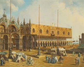 79	After Canaletto Oil on Canvas St. Marks Square	After Canaletto (Italy, 1697-1768). Oil on canvas, after Canaletto's The Square of Saint Mark's, Venice. Unsigned. 23 1/2" x 35 1/2" (with frame 33 3/4" x 46"). Chips and losses to frame.
