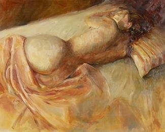 80	Selma Alden Oil on Masonite Nude	Selma Alden (American, 20th / 21st century). Oil on masonite, sleeping nude. Signed center left, with artist info on verso. 17" x 23" (with frame 26 1/2" x 32 1/2").
