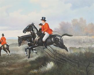 82	Signed Jaims Oil on Canvas Hunt Scene	Oil on canvas hunt scene. Signed lower right Jaims. 23 1/2" x 35 1/2" (with frame 34" x 46"). Chips to frame.
