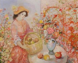 81	Oil on Canvas Woman With Fruit and Flowers	Oil on canvas, woman with basket of fruit. Signed illegibly lower left. 29 1/2" x 39 1/2" (with frame 38" x 48"). Chips to frame.
