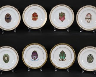 85	8 Faberge Egg Porcelain Plates	8 porcelain plates with Faberge egg motifs. Set of six Limoges for Scully & Scully New York French porcelain plates, each 7 7/8"-diameter; pair of Royal Gallery Gold Buffet porcelain plates, each 8 5/8"-diameter.
