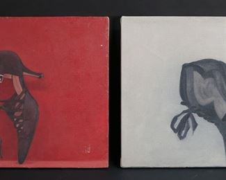 97	Pair of Oils on Canvas Shoes	Pair of oils on canvas of shoes. Kristen's Satin Pump and Sonja's Boot. Both titled and signed illegibly (Charter?) on verso. Each 16" x 20". Paint loss along edges and lower right on Satin Pump.
