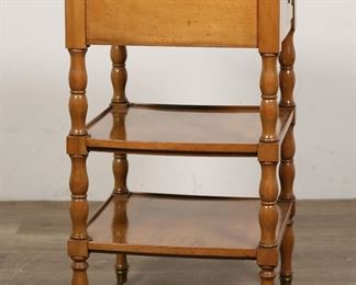 114	Louis Phillipe Style Rafraichissoir Bar Table	"Louis Phillipe style rafraichissoir or bar table. 19th century. Walnut, turned legs on casters, two lower tiers, inset marble top, two removable metal wine or ice buckets. Separation to wood on one corner on top molding of table. Repairs and chip to marble on one corner. Wear to wood throughout table and to interior of metal buckets.

16 7/8"" W x 16 3/4"" D x 29 1/34"" H. 22 lbs."
