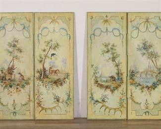 118	Near Pair of Continental Rococo Folding Screens	"Near pair of Continental Rococo style folding screens. 20th century. Three panels to each screen with nailhead trim. Each panel decorated with floral motifs and allegorical scenes of animals in pastoral landscapes, possibly depictions of  Aesop's Fables. ""GK"" initialed on lower left on rightmost panel on one screen. Light scuffs and wear throughout painted scenes and backs on each screen. Small losses to paint on upper edges on backs of panels on one screen.

Open: 50 1/2"" W x 7/8"" D x 45 1/4"" H. Closed : 16 5/8"" W x 2 3/4"" D x 45 1/4"" H. Each screen weighs 12 lbs."
