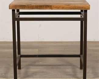 122	Contemporary Rustic Side Table	"Contemporary rustic style side table or stand. 21st century. Wood top with faux weathering and metal base. Unmarked. Wear and light scuffs to metal of base. 

20 1/8"" W x 12 1/8"" D x 20 1/4"" H. 11 lbs."
