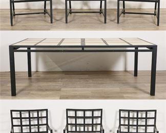 127	Pottery Barn Style Outdoor Dining Table & 6 Chairs	Outdoor metal table with 18 inset  tiles. Each tile measures 11.5" x 11.5". The tiles are marked "Made in Italy on the verso. Table is 29" x 81" x 40.5". 6 outdoor metal armchairs. 33.5" x 22" x 21.5". Seat height 15". All measurements are taken without cushions. Wear and scratches. Missing some plastic bottom feet.
