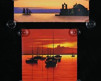 132	2 Igor Medvedev Serigraphs Ships at Sunset	Igor Medvedev (Russia / American, 1931-2015). 2 serigraphs. Scarlet Tide, signed in ink lower right and numbered 631/950 in ink lower left, 17 1/4" x 17 1/4"; Golden Arrival, signed in ink lower right and numbered 2346/2500 in ink lower left, 8 3/8" x 23 1/4". Both unframed.
