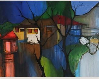 140	Itzchak Tarkay Serigraph Haifa By Sea	Itzchak Tarkay (Israel, 1931-2012). Serigraph, Haifa By Sea. Pencil signed lower right and numbered 283/350 in pencil lower left. 20 1/4" x 34 3/4" (with frame 31 1/4" x 46"). Chips to frame.
