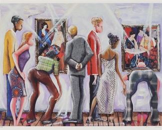 139	Marcus Glenn Print Spectators at the Tarkay	Marcus Glenn (American, 1968-). Print, Spectators at the Tarkay Exhibit. Signed in ink lower right and numbered 263/950 in ink lower left. 19" x 25 1/2" (with frame 28" x 35"). Chips to corners of frame.
