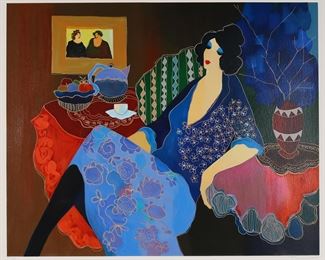 142	Itzchak Tarkay Serigraph Eliza's Blue Bouquet	Itzchak Tarkay (Israel, 1931-2012). Serigraph, Eliza's Blue Bouquet. Pencil signed lower right and numbered 202/350 in pencil lower left. 28 1/2" x 35" (with frame 39 1/8" x 45 5/8").
