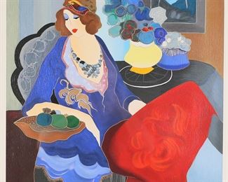 143	Itzchak Tarkay Serigraph Celeste II	Itzchak Tarkay (Israel, 1931-2012). Serigraph, Celeste II. Pencil signed lower right and numbered 145/350 in pencil lower left. 19" x 18 3/4" (with frame 30 3/4" x 30").
