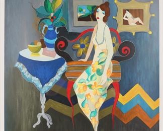 145	Itzchak Tarkay Serigraph Elegant Pause	Itzchak Tarkay (Israel, 1931-2012). Serigraph, Elegant Pause. Pencil signed lower right and numbered 424/450 in pencil lower left. 26 1/2" x 26" (with frame 37 1/2" x 36 7/8").
