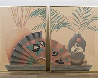 150	Signed Franco Embellished Lithograph Diptych Fan	Embellished lithographs on canvas, diptych. Still life fan with vases and cranes. One panel signed Franco. Each 42 3/4" x 34 3/4" (with frames 44 1/4" x 36 1/4"). Dent lower right of signed panel, drips along sides of both and discoloration to backgrounds, some crazing to both.
