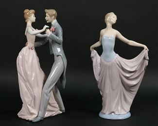 158	2 Lladro Porcelain Figures Dancers	2 Lladro porcelain figures. Anniversary Waltz, 1373, 12 1/8"H; Dancer, 5050, 11 7/8"H. Both with blue Lladro marks to the underside.

