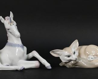 161	4 Lladro Porcelain Figurines	4 Lladro porcelain figurines. Fox and Cub, 1065, 7"L; Sleepy Time, 6497, 6 1/2"L; Little Unicorn, 5826, 6 1/2"H; Mirage Mermaid, 1415, 6"H. Flower petals missing from mermaid's chest, pearl re-glued.
