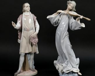 159	2 Lladro Porcelain Figures	2 Lladro porcelain figures. The Great Adventurer, 5944, 11 3/4"H; Angel With Mandolin, 1324, 12 3/8"H. Both with blue Lladro marks to the underside.
