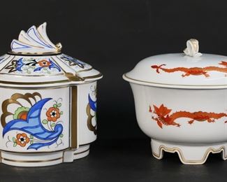 172	2 Porcelain Boxes Meissen & Haviland Bavaria	2 porcelain lidded boxes. Meissen, in the Ming Dragon Red pattern, blue crossed swords mark to the underside, 6"H x 7"-diameter at lid; Johan Haviland Bavaria, with floral and gilt painted decoration, 6 3/4"H. Losses to gilt decoration on Haviland box and lid, flake to rim of box.
